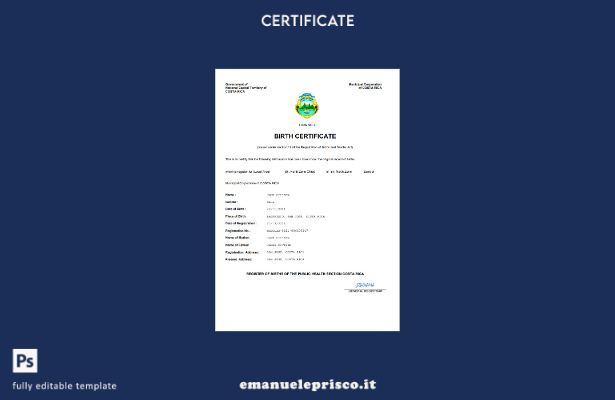 certificato di nascita della Costa Rica in stile verificato modello Word e PDF